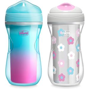 Chicco Insulated Sippy Cup 12+ Months, 9oz Toddler Training Cup with Bite-Resistant No-Spill Rim Spout, Double-Wall, BPA-Free, 2-Pack, Teal/Pink/Floral