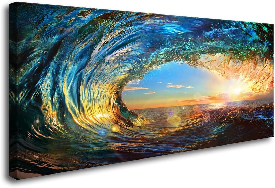 Cao Gen Decor Art S06762 Giant Wave Water Wall Art Canvas Prints 1 Panels Ocean Waves Pictures Paintings Sunset Blue Seascape Framed for Living Room Bedroom Kicthen Office Artwork (48"L x 24"W)