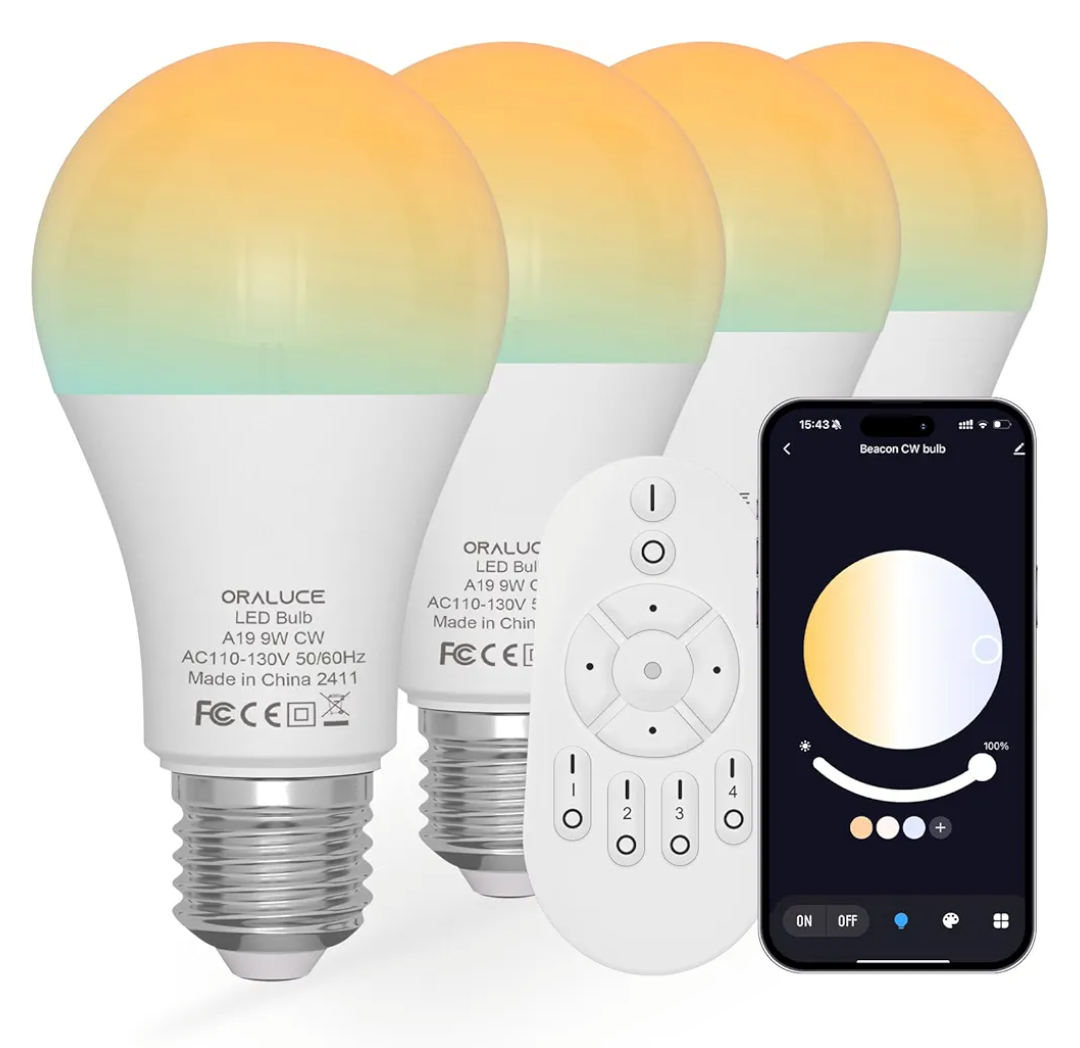 ORALUCE LED Remote Control Light Bulbs 60 Watt Equivalent, Dimmable 2700-6500K Lightbulbs E26 Base, A19 Bluetooth Smart Light Bulb for Lamp, Bedroom, 4 Pack with Remote Control