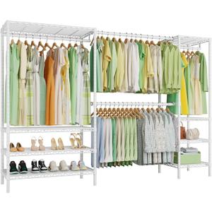 Ulif E11 Heavy-Duty Garment Rack, Metal Freestanding Clothes Rack and Closet Storage Organizer with 8 Shelves and 4 Hanger Rods, (73.2 - 97.6)"W x 14.5"D x 71.2"H, Load 1034 LBS, White