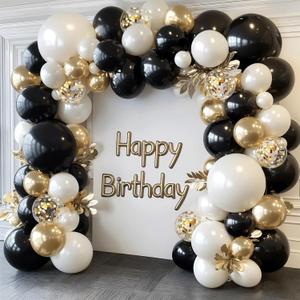 Black Gold White Balloons Arch Kit - 129 pcs Double Stuffed Pearl Sand White Black Chrome Gold with Confetti Balloon Garland for Birthday Graduation Father's Day New Year's Party Decoration