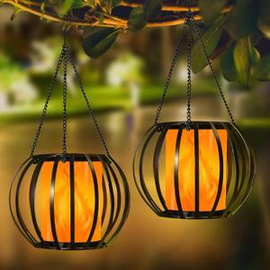 2 Pack 15" Solar Lantern Lights Outdoor,Auto On/Off Metal Solar Flickering Flame Lanterns Outdoor Waterproof Hanging Lights Outside Lanterns Decorative for Garden Yard Patio