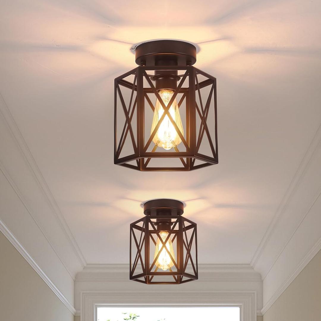 2 Pack Black Ceiling Light, Farmhouse Semi Flush Mount Ceiling Light, Small Hallway Light Fixtures Metal Cage Modern Light Fixture for Entryway Bedroom Porch Kitchen