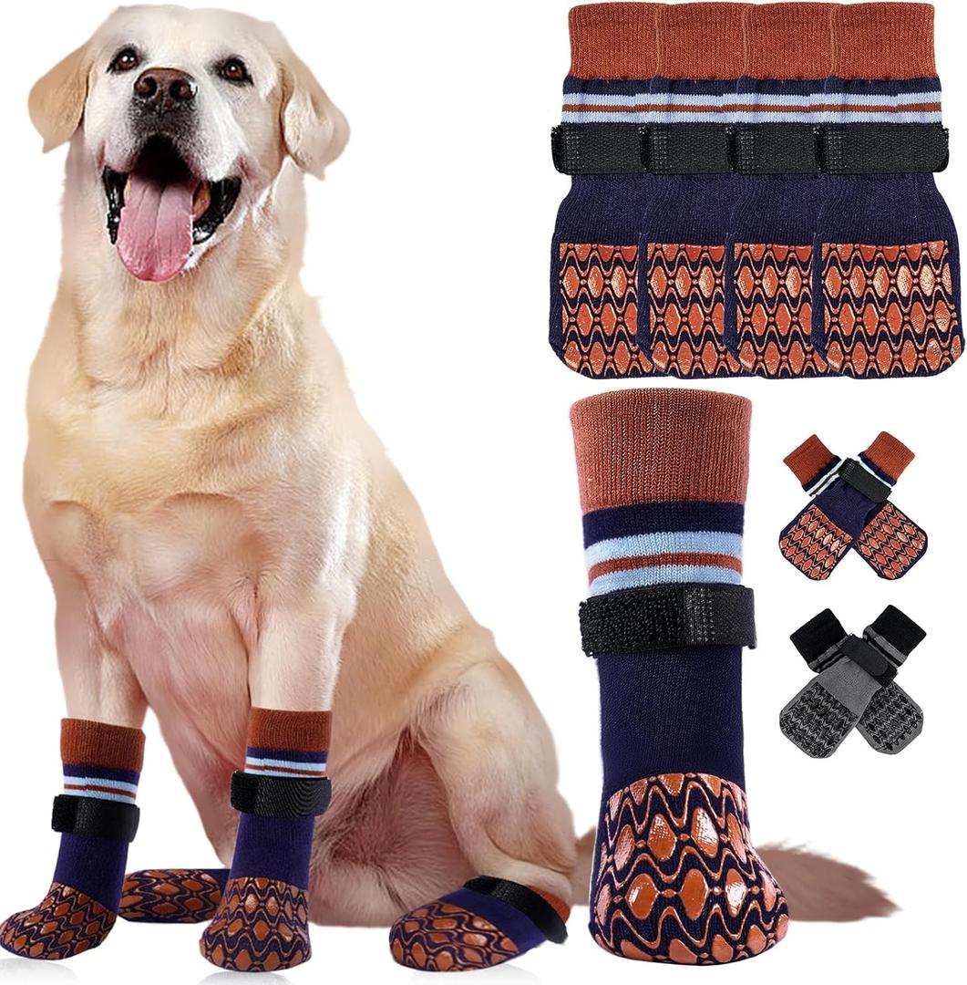 Kuoser Non Slip Dog Socks for Hardwood Floors, 4Pack Anti-Slip Dog Grippy Socks to Prevent Licking Paws, Dogs Booties Paw Protectors with Double-Sided Traction for Small Medium Large Senior Dogs, L (Brown)