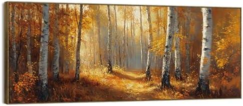 TLESKE Vintage Orange Fall Birch Tree Forest Large Wall Art Decor Framed 15x40, Rustic Farmhouse Autumn Canvas Wall Art Print for Bedroom Living Room, Fall Nature Wall Artwork Picture