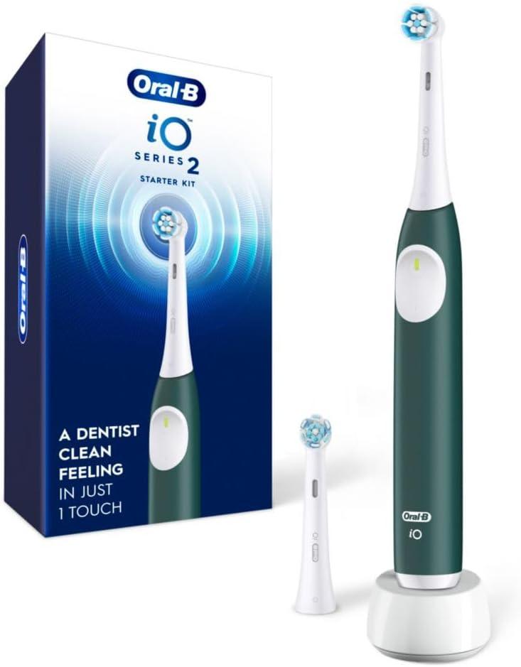 Oral-B Rechargeable Electric Toothbrush, iO2 Starter Kit, 3 Cleaning Modes, Automatic Pressure Sensor to Protect Gums, 2 Brush Heads, Forest Green (1 Count (Pack of 1))
