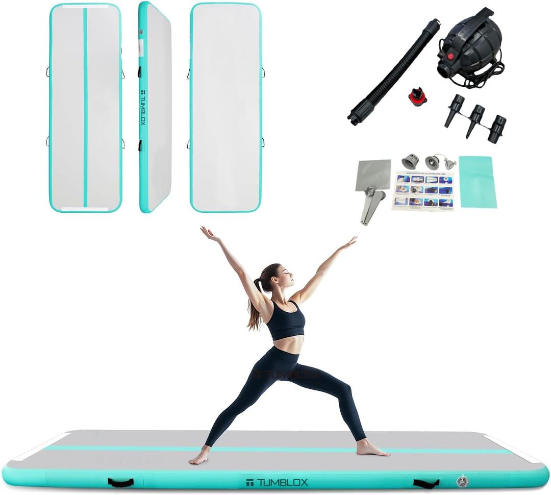 Air Gymnastics Mat Inflatable & Tumbling Mat 4/8 Inches Thick with Electric Pump + Free Foot Pump Ideal for Home, Gym, Water, and Beach Use