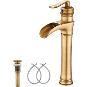 Antique Brass Waterfall Bathroom Faucet GGStudy Single Handle One Hole Farmhouse Bathroom Vessel Sink Faucet Matching with Pop Up Drain (Tall)