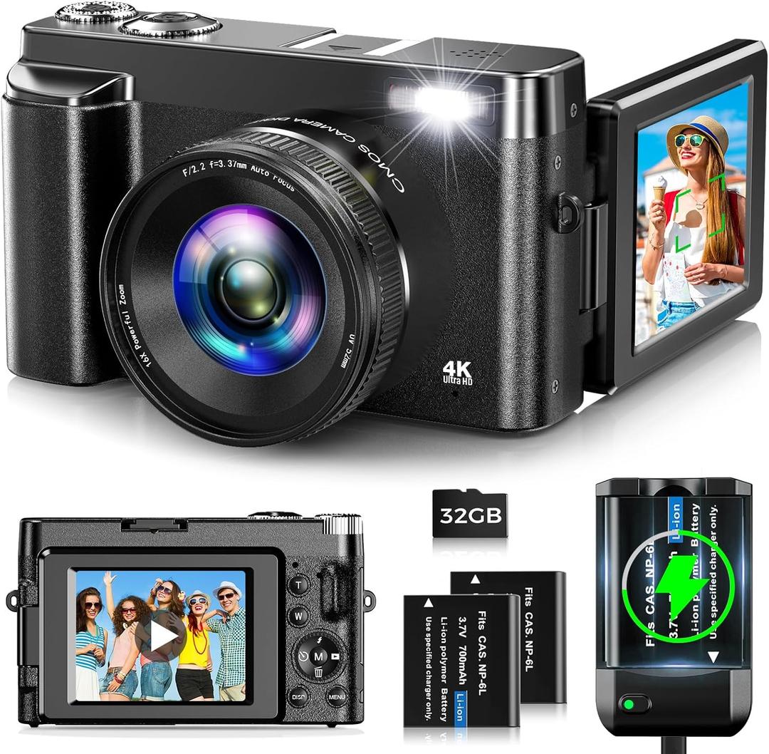 4K Digital Camera for Photography Autofocus 48MP Vlogging Camera for YouTube with 3'' 180Flip Screen 16X Digital Zoom 4K Video Compact Travel Camera with SD Card,Flash, Anti-Shake (Black)