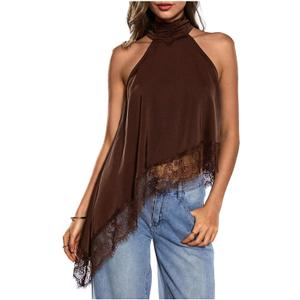 Milumia Women's Halter Neck Sleeveless Top Lace Asymmetrical Hem Summer Going Out Tank Tops, Size S (Coffee Brown)