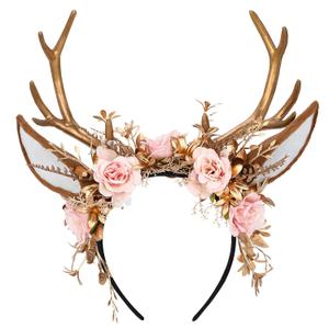 MOSTORY Handmade Gold Flower Antler Headband - Woodland Floral Reindeer Headpiece with Deer Ears Forest Fairy Hairband for Women Girls Renaissance Halloween Cosplay Party Prom Photo Props Pink Rose (Gold-pink)
