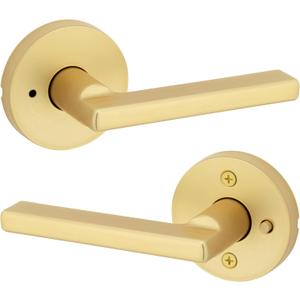 Kwikset Halifax Interior Privacy Door Handle with Lock, Door Lever for Bathroom and Bedroom, Satin Brass Reversible Keyless Push Button Lock Door Lever, with Microban Protection (Round)