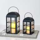 TRIROCKS Set of 2 Decorative Candle Lantern 14&10.5''H Outdoor Metal Lantern Modern Candle Holder with Tempered Glass for Home Garden Yard Patio Parties Indoors Outdoors (Black)