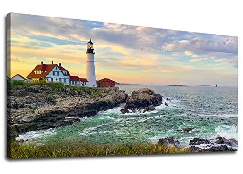 Sunset Lighthouse Canvas Wall Art for Living Room Wall Decor Sunset Seascape Canvas Pictures Ocean Canvas Prints Nature Canvas Artwork Office Home Wall Decorations Framed Ready to Hang 24" x 48"