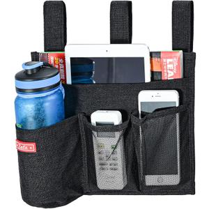 Linen Bedside Caddy, Bedside Storage Organizer for Hospital Beds, College Dorm Rooms or Baby Bed (4 Pockets-Black)