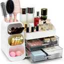Makeup Organizer Countertop, Spacious Cosmetic Display Case with Makeup Brush Holder, Perfect Vanity Bathroom Organizer and Storage, White