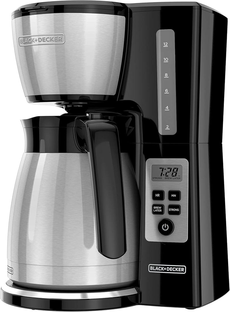 BLACK+DECKER 12 Cup Thermal Programmable Coffee Maker with Brew Strength and VORTEX Technology, Black/Steel, CM2046S 