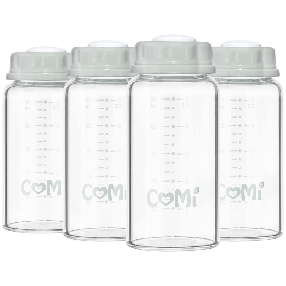 COMI Natural Glass Baby Bottle,Standard Neck Breastmilk Storage Bottle for Fridge,Breast Milk Container,Breast Pump Bottle Compatible with Medela Breast Pump,BPA Free,4PCS (5oz, Gray Lids)