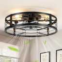 LEDIARY 20" Caged Ceiling Fan with Light and Remote, Low Profile Flush Mount Fandelier, Black Bladeless Enclosed Small Fan Lights Ceiling Fixtures, Rustic Farmhouse Style for Bedroom, Outdoor