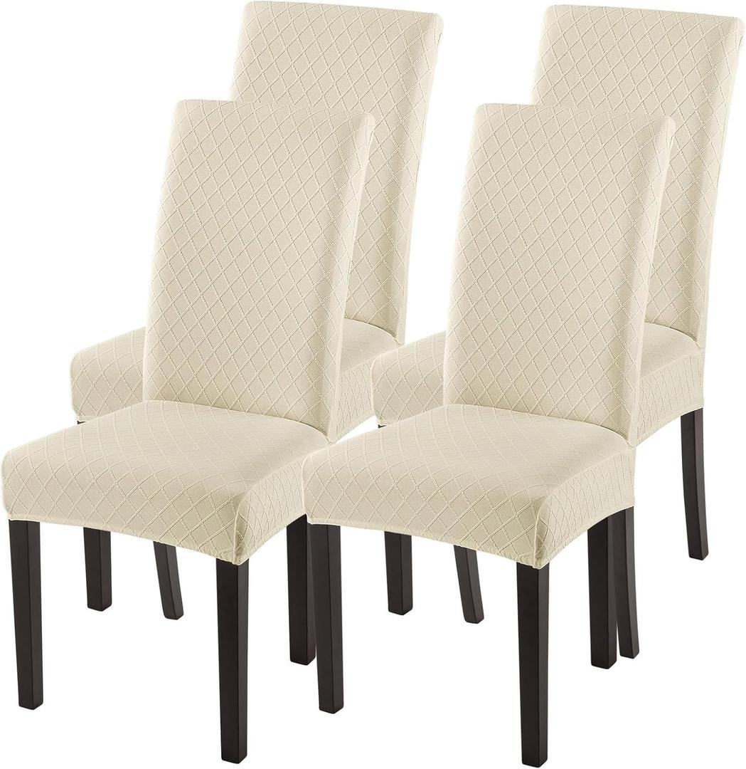 SearchI Dining Room Chair Covers Set of 4, Stretch Jacquard Parsons Chair Slipcovers Super Fit Removable Washable Kitchen Chair Protector Cover for Dining Room, Hotel, Ceremony (Beige Rhombus)