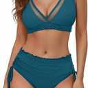 Blooming Jelly Womens Bikini Sets Push Up Two Piece Swimsuit Mesh Modest Bathing Suits Mid Rise Bottom (Small, Blue-green)