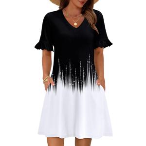 Zeagoo Summer Casual Dresses for Women A Line Sun Dress Ruffle Short Sleeve V Neck Floral Tshirt Dress with Pockets (Black, XXL)