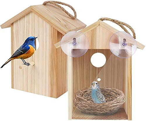 Window Bird House for Outside with Strong Suction Cup, Upgraded See Through Window Birdhouse for Viewing Inside, Wooden Bird Nesting Box for Bluebird Finch Chickadee Outdoors, Best Gift for Kids