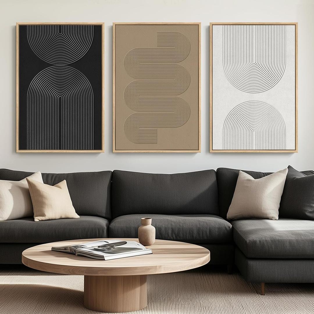 Large Framed Black and White Neutral Abstract Wall Art, 3 Piece Minimalist Canvas Prints Paintings Artwork for Walls, Boho Geometric Pictures for Living Room Hallway Office Wall Decor Total 30x60 In, 20" W x 30" H x 3Pcs