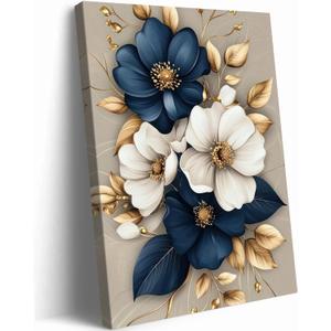 Modern Floral Canvas Wall Art Blue White Gold Flowers Wall Decor Pictures Flower Market Poster Prints for Living Room Bedroom Office Home Decoration 12x16in Ready to Hang
