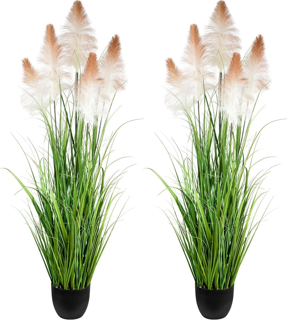 Vlorart 2 Pack Artificial 60" Greenery Floor Plants with Reed Flowers, Tall Fake Plant Potted, Faux Pampas Grass Plants for House Decorations, Lobby, Wedding, Garden Indoor Outdoor(Red Gradient)