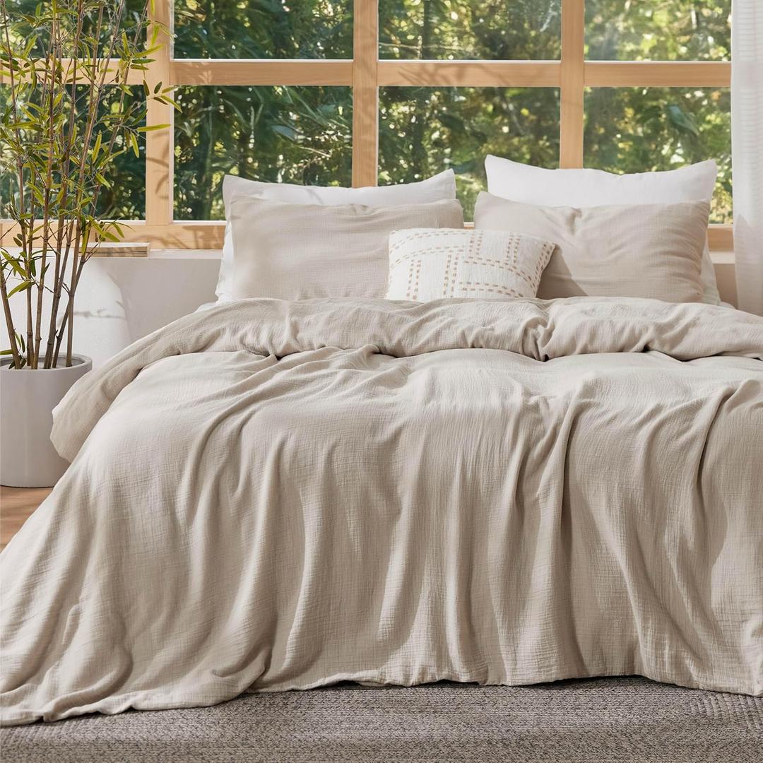Bedsure Muslin Duvet Cover Oversized King - Cotton Blend Viscose Derived from Bamboo, Cooling Duvet Cover, PureWoven Ultra-Soft & Breathable Bedding Set for All Seasons (Linen, 120"x98")