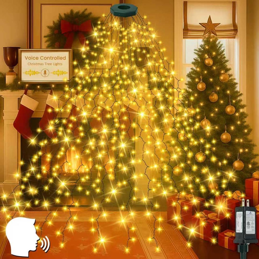 2025 New Christmas Tree Lights with Voice Control Outdoor/Indoor, 480LED 8FT 16 Lines Cascading Twinkle Lights Green Wire,12 Modes & Timer, Waterproof Waterfall Lights for Xmas Decor (Warm White)