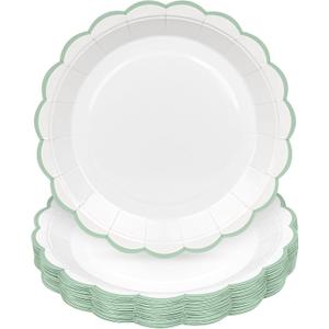 2 x 30 Pcs Sage Green and White Paper Plates, 9 Inch White Party Plates, Sage Green Scalloped Dinner Paper Plates Wedding Plates Party Supplies for Baby Shower, Wedding, Bridal Shower, Birthday Party