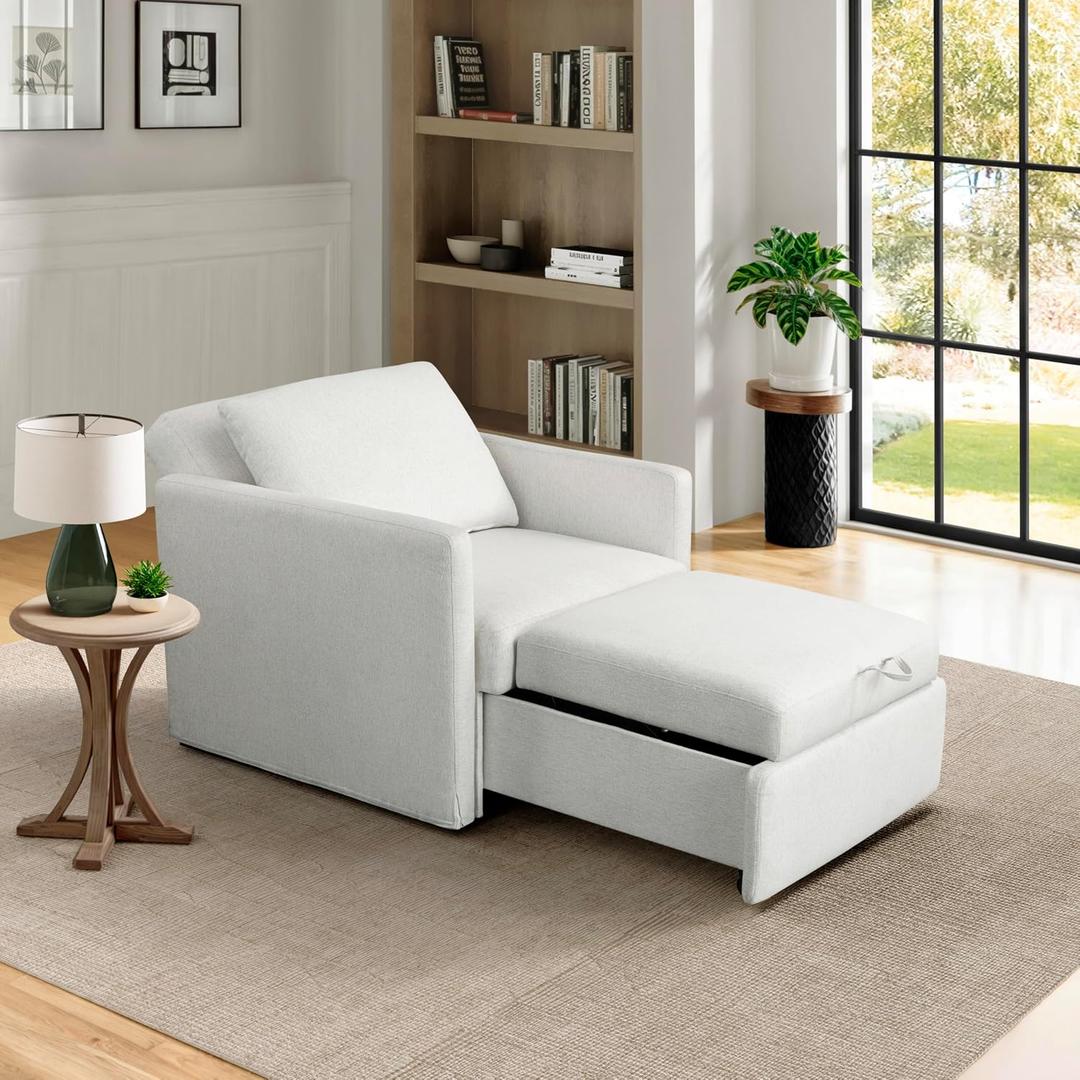 Serta Bondi 36" Convertible Sleeper Chair, Cot-Size, Modern Farmhouse, Dream Coil Comfort, Fingerguard Pinch Point Protection, Soft Woven Polyester Fabric, Cream, 39 inches x 35 inches x 36.6 inches