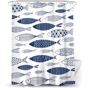 Navy Blue and White Fish Pattern Shower Curtain Set with Hooks, Waterproof, 72in x 72in (Blue and White)