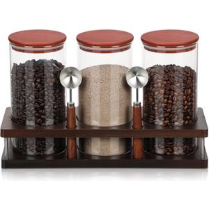 Suclain 3 Pcs Glass Coffee Bean Container 44 oz Airtight Coffee Canister with Shelf and Measuring Spoon Kitchen Food Canister Jar for Sugar Candy (Classic Style, Wood, Glass, Stainless Steel)
