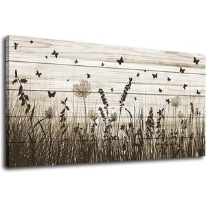 Wildflower Wall Art Autumn Canvas Picture Butterfly Grass Dandelion Artwork Vintage Wooden Board Painting Prints for Bedroom Living Room Office Home Kitchen Wall Decor Framed Ready to Hang 20" x 40"