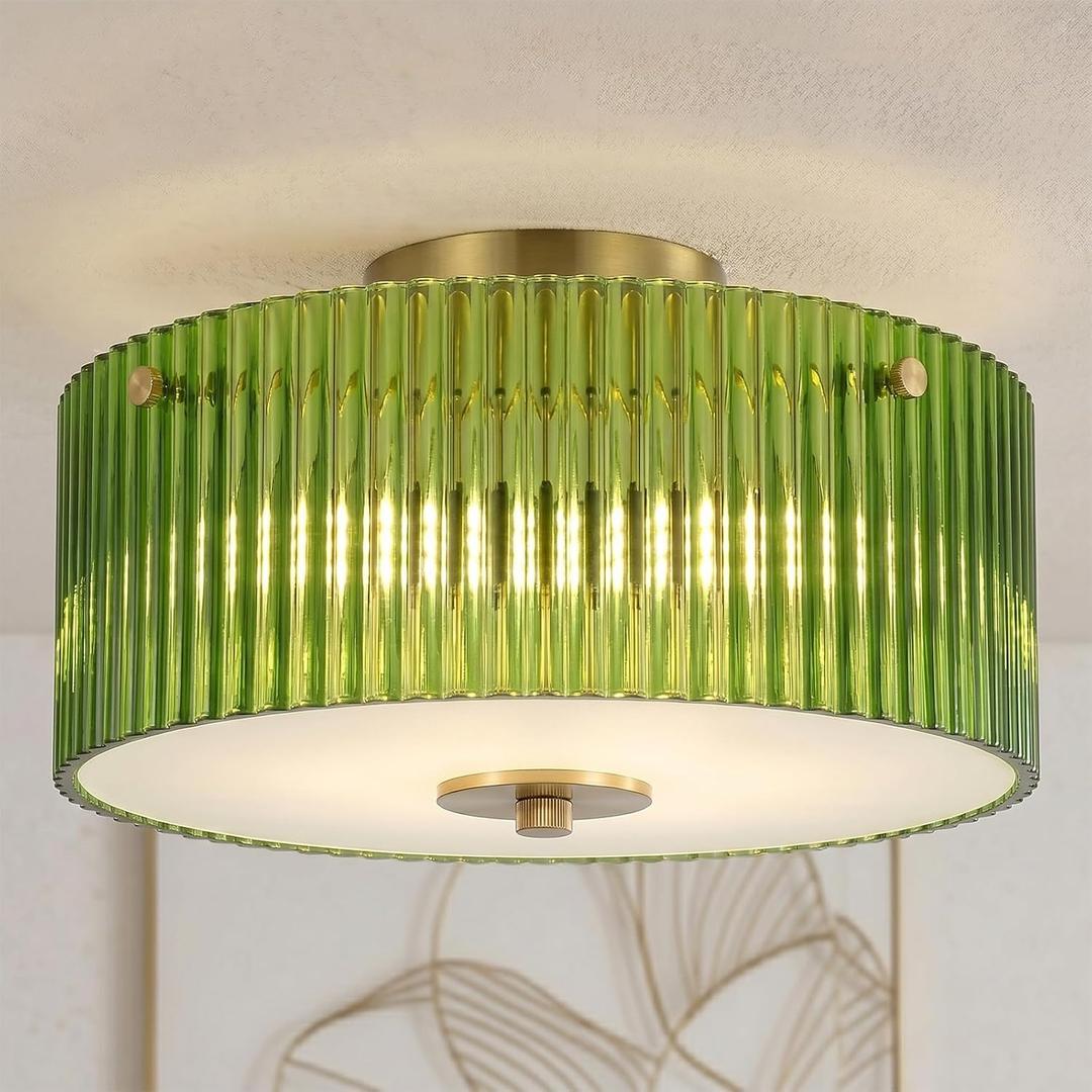 AUQUEE 13.8" Gold Flush Mount Ceiling Light, 3-Light Vintage Green Ribbed Glass Light Fixtures Ceiling Mount, Anti-Glare Close to Ceiling Lamp for Kitchen, Bedroom, Hallway, Entryway, Living Room, Large