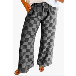 yoeasy Women's Wide Leg Jeans Checkered High Waisted Straight Leg Baggy Loose Stretch Plaid Casual Denim Pants. Size Large