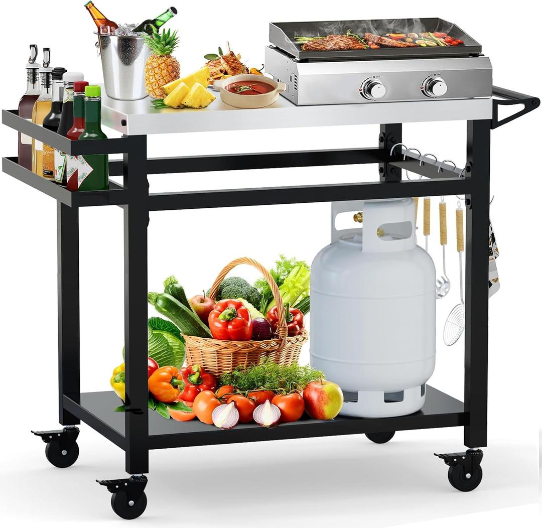 32"x 20" Stainless Steel Outdoor Grill Table, Movable Grill Cart, Outdoor Kitchen Island Prep Stand Station, Pizza Oven Table, Grill Stand Fits Griddle 17" 22", Rolling Bar Cart with 5 Utensil Hooks