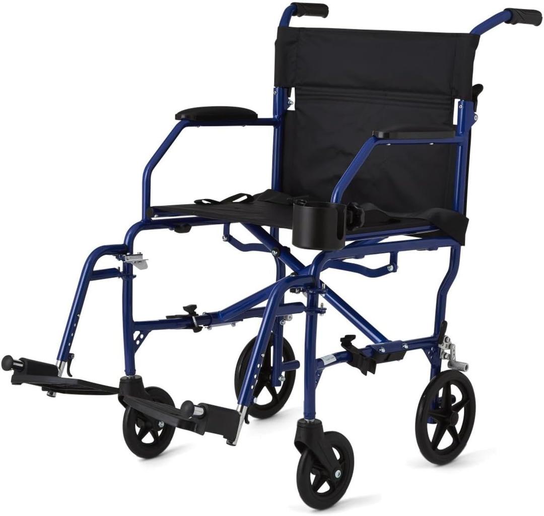 Medline Ultra Lightweight Transport Wheelchair for Adults, Foldable, 19-Inch Seat Width, Blue Frame, Black Upholstery