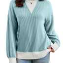 BLENCOT Long Sleeve Shirts for Women Crewneck Knitted Color Block Tunics Blouses Fall Fashion Tops Winter Lightweight Business Casual Top Large Myosotis (L)