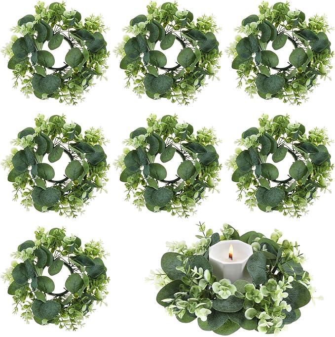 8 PCS Eucalyptus Candle Rings Wreaths, 9.8 Inch Artificial Eucalyptus Leaves Wreaths Summer Greenery Wreath Candle Rings for Home Wedding Party Table Centerpiece-Suitable for Candles up to 3 Inches