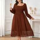 2 x SHESTARR Women's Plus Size Maxi Dress Long Sleeve Square Neck Smocked Flowy A-Line Lace Trim Wedding Guest Dresses (XXL)
