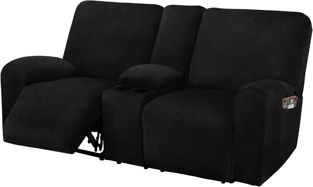 ULTICOR Reclining Love Seat with Middle Console Slipcover, 8-Piece Velvet Stretch Loveseat Reclining Sofa Covers, Thick, Soft, Washable (Black) (Black)