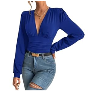 SURRO Women's Bodysuit Shirts Elegant Deep V Neck Leotard Blouses Long Sleeve Belly Hiding Tops Hook Closure (Blue, S)