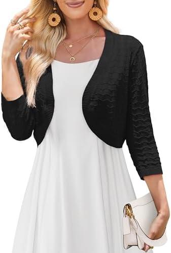 Tralilbee Women's 3/4 Sleeve Cropped Cardigan Knit Bolero Shrug Cardigan Sweater for Women ,Black, L