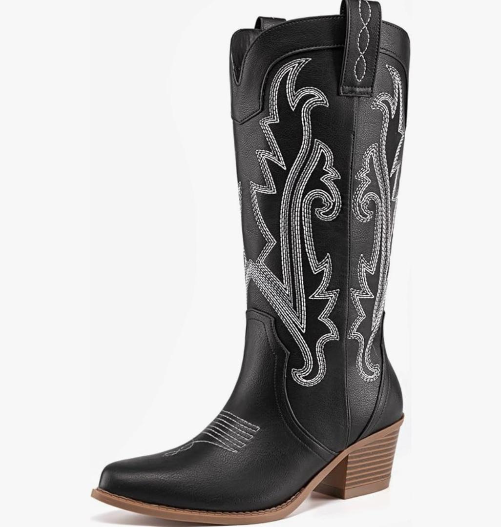 Athlefit Cowboy Boots for Women Vintage Embroidered Country Western Cowgirl Boots Low Chunky Heel Pointed Toe Mid Calf Boots  , 7