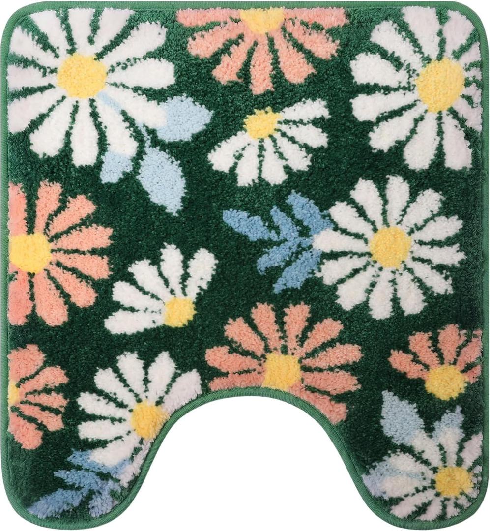 Toilet Rugs U Shaped, Non Slip Cute Floral on Green Bathroom Rugs