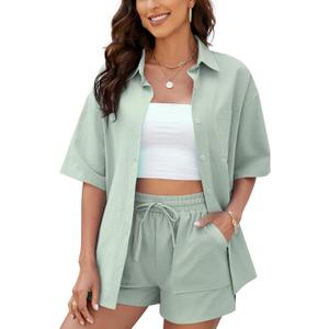 PEHMEA Women's 2 Piece Outfits Summer Cotton Linen Button Down Shirt Top High Waisted Shorts Set Tracksuit (Cyan)